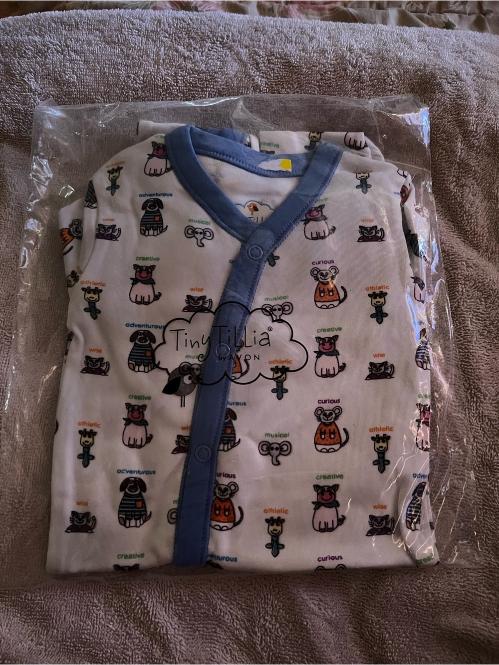 Avon Tiny Tillia White Baby Coverall with Blue Trim and Multicolor Animal Prints